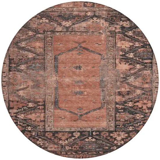8' Terra Cotta And Gray Round Oriental Washable Indoor Outdoor Area Rug Photo 3