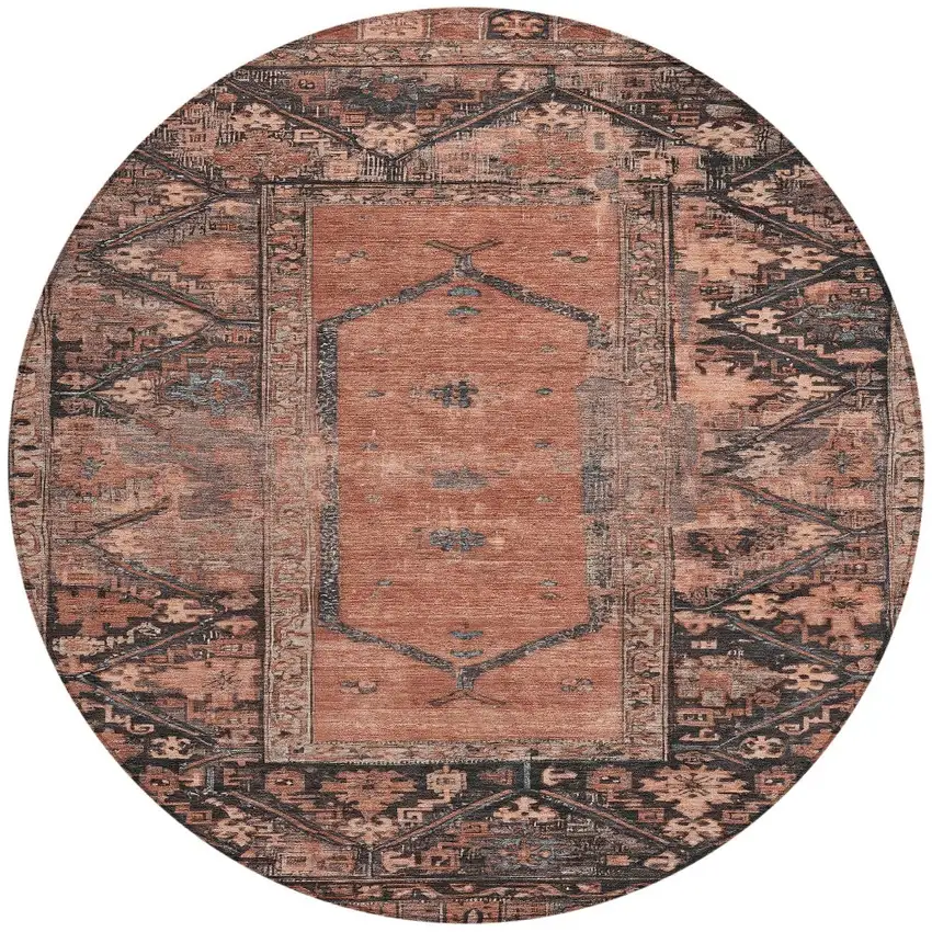 8' Terra Cotta And Gray Round Oriental Washable Indoor Outdoor Area Rug Photo 3