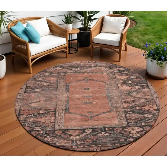 8' Terra Cotta And Gray Round Oriental Washable Indoor Outdoor Area Rug Photo 2
