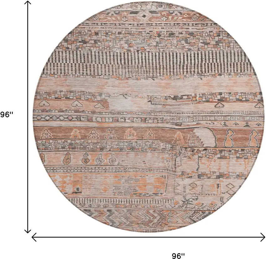 8' Terra Cotta And Gray Round Striped Washable Indoor Outdoor Area Rug Photo 9