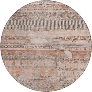 Photo of 8' Terra Cotta And Gray Round Striped Washable Indoor Outdoor Area Rug