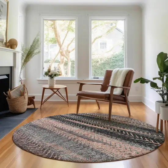 8' Terra Cotta And Gray Striped Washable Round Rug With UV Protection Photo 5