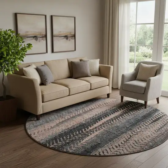 8' Terra Cotta And Gray Striped Washable Round Rug With UV Protection Photo 1