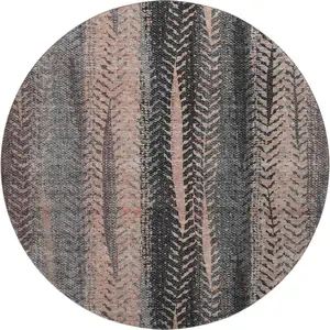 Photo of 8' Terra Cotta And Gray Striped Washable Round Rug With UV Protection