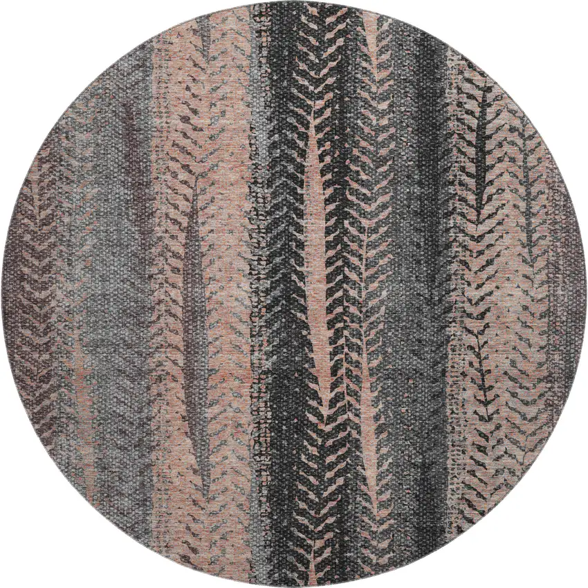 8' Terra Cotta And Gray Striped Washable Round Rug With UV Protection Photo 1