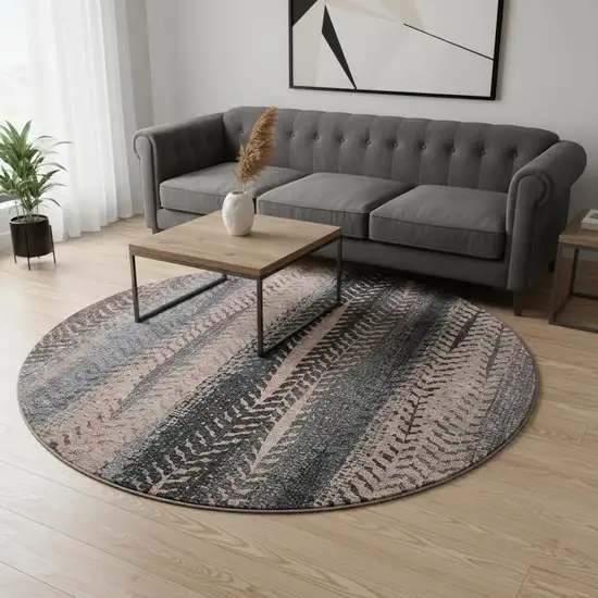 8' Terra Cotta And Gray Striped Washable Round Rug With UV Protection Photo 2