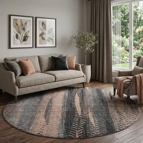 8' Terra Cotta And Gray Striped Washable Round Rug With UV Protection Photo 1