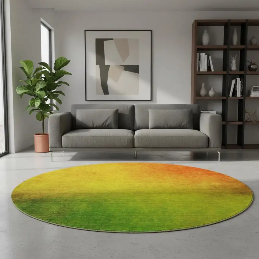 8' Terra Cotta And Green Ombre Washable Round Rug With UV Protection Photo 2