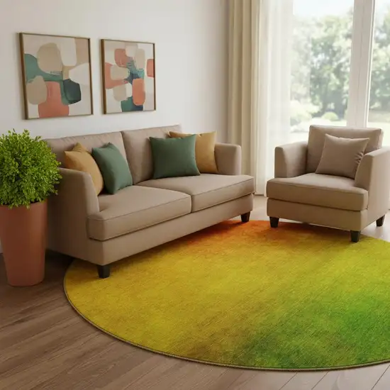 8' Terra Cotta And Green Ombre Washable Round Rug With UV Protection Photo 1