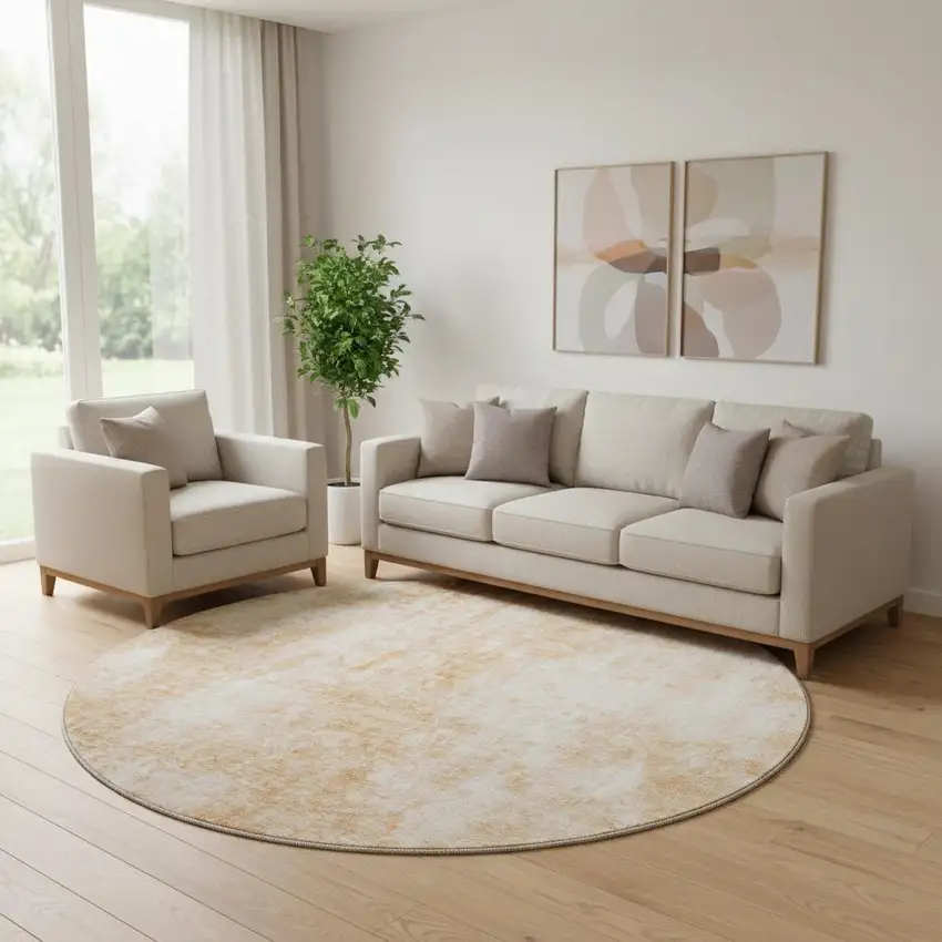 8' Terra Cotta And Ivory Abstract Washable Round Rug With UV Protection Photo 1