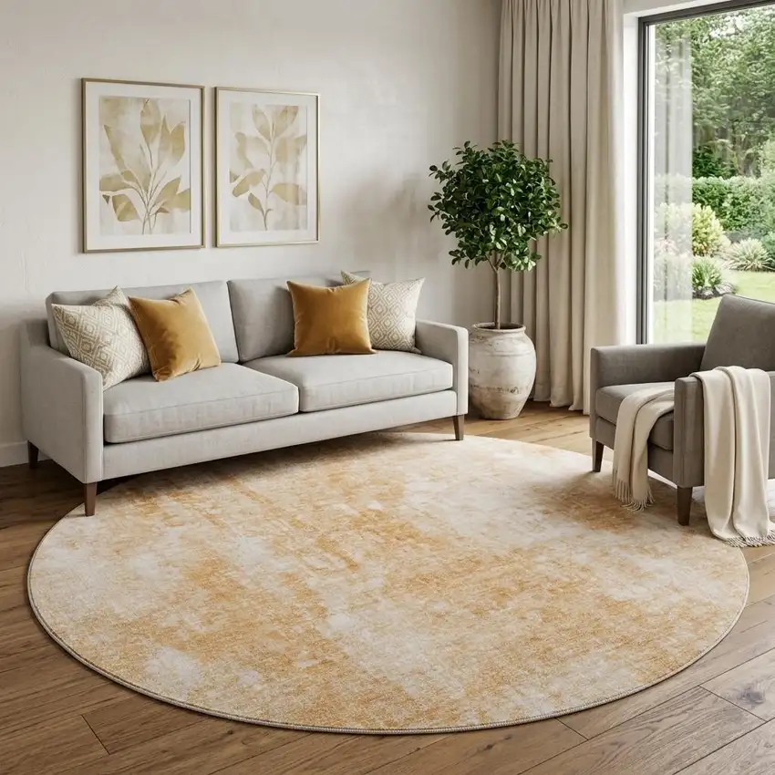 8' Terra Cotta And Ivory Abstract Washable Round Rug With UV Protection Photo 1