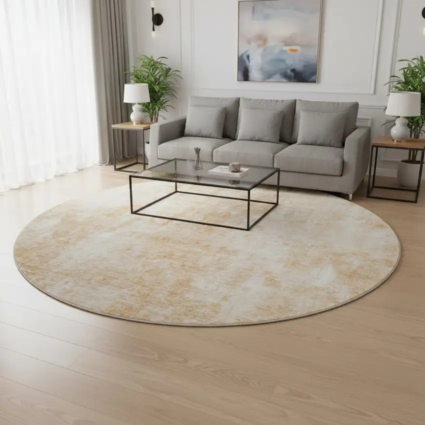 8' Terra Cotta And Ivory Abstract Washable Round Rug With UV Protection Photo 2