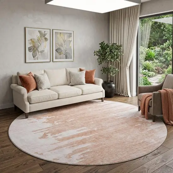 8' Terra Cotta And Ivory Abstract Washable Round Rug With UV Protection Photo 1