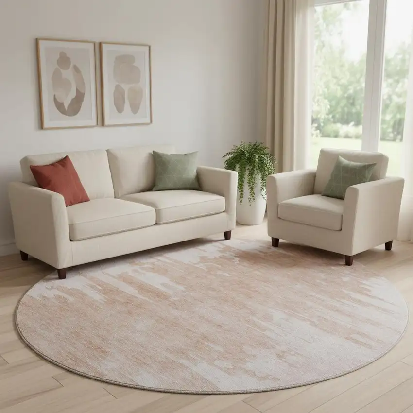 8' Terra Cotta And Ivory Abstract Washable Round Rug With UV Protection Photo 1