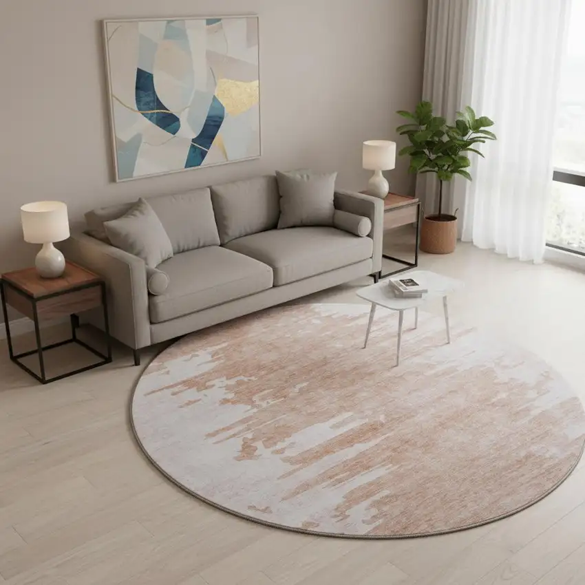 8' Terra Cotta And Ivory Abstract Washable Round Rug With UV Protection Photo 2