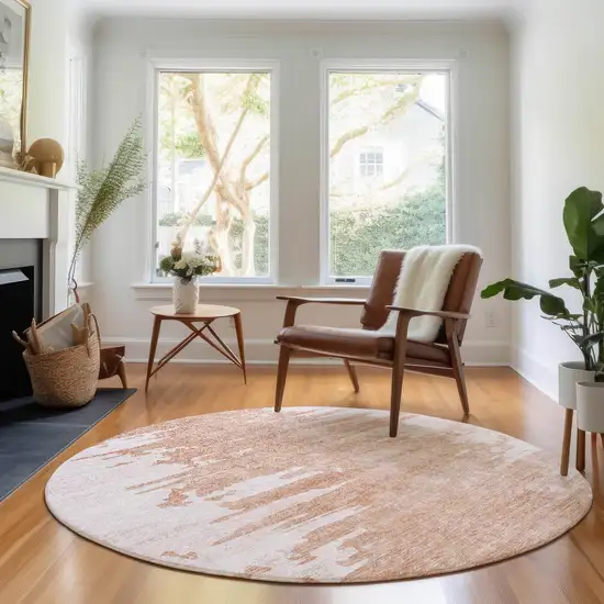 8' Terra Cotta And Ivory Abstract Washable Round Rug With UV Protection Photo 5