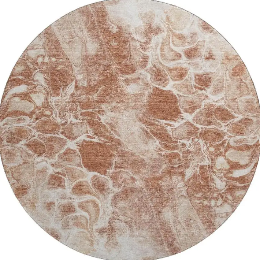 8' Terra Cotta And Ivory Abstract Washable Round Rug With UV Protection Photo 4