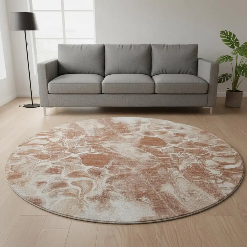 8' Terra Cotta And Ivory Abstract Washable Round Rug With UV Protection Photo 2
