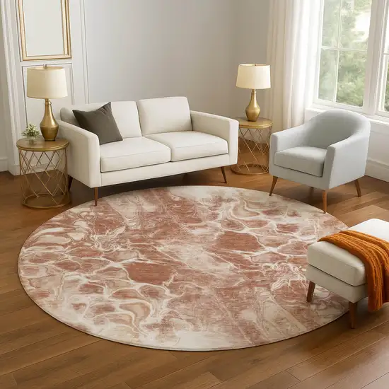 8' Terra Cotta And Ivory Abstract Washable Round Rug With UV Protection Photo 5