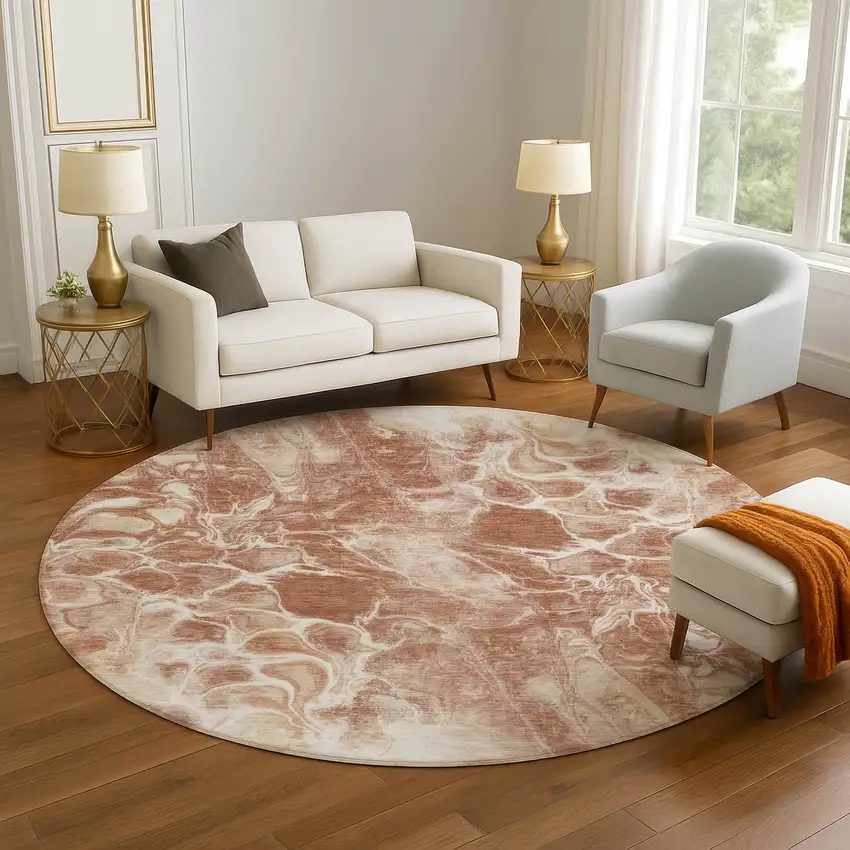8' Terra Cotta And Ivory Abstract Washable Round Rug With UV Protection Photo 5