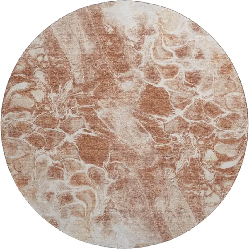 8' Terra Cotta And Ivory Abstract Washable Round Rug With UV Protection Photo 1