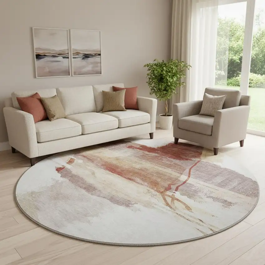 8' Terra Cotta And Ivory Abstract Washable Round Rug With UV Protection Photo 2