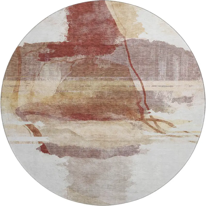 8' Terra Cotta And Ivory Abstract Washable Round Rug With UV Protection Photo 1