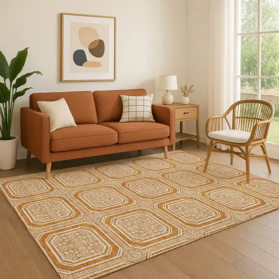 8' Terra Cotta And Ivory Geometric Washable Area Rug With UV Protection Photo 4