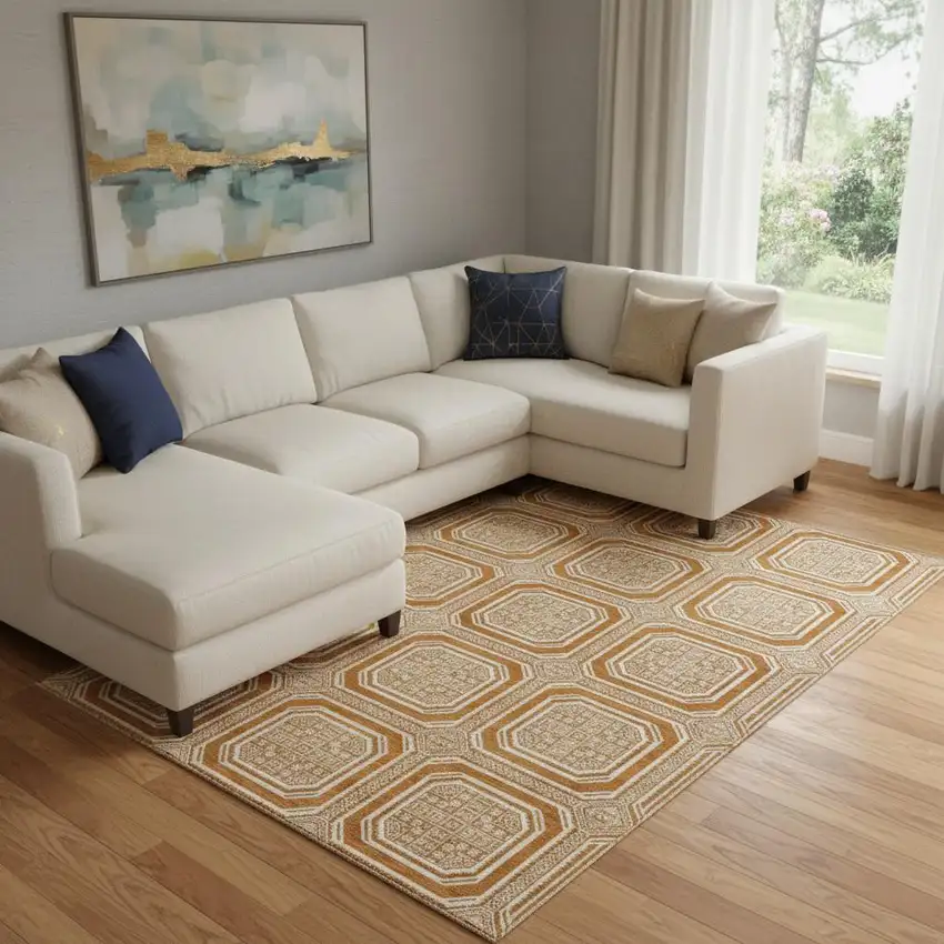 8' Terra Cotta And Ivory Geometric Washable Area Rug With UV Protection Photo 1