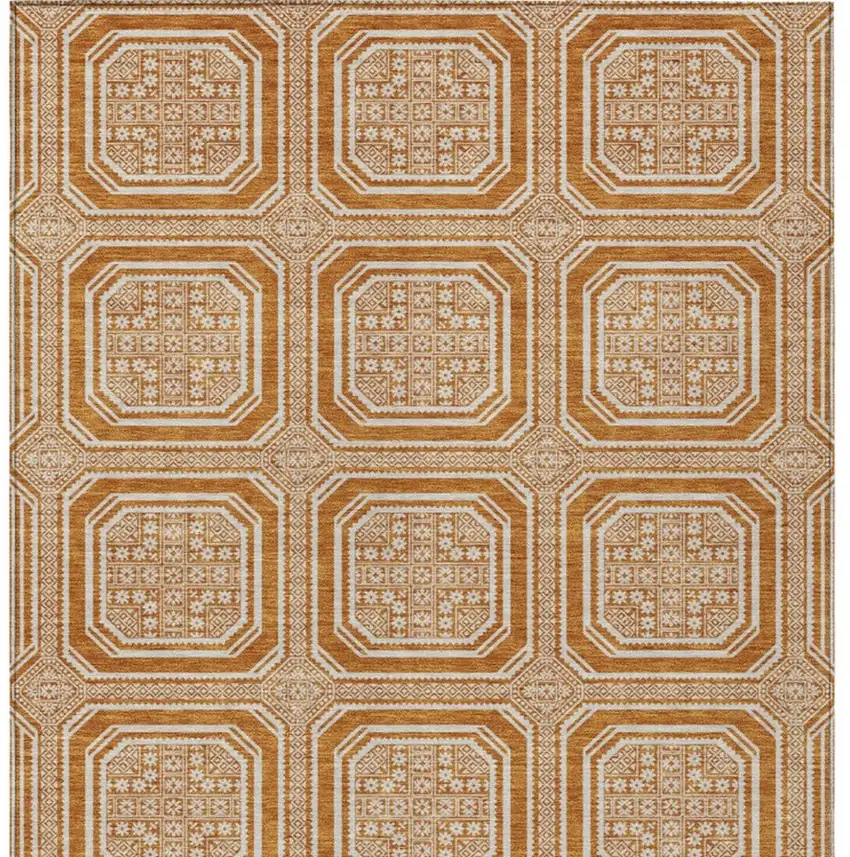 8' Terra Cotta And Ivory Geometric Washable Area Rug With UV Protection Photo 3