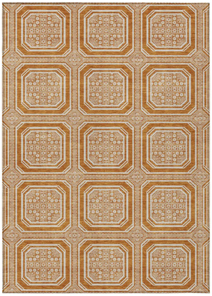 8' Terra Cotta And Ivory Geometric Washable Area Rug With UV Protection Photo 1