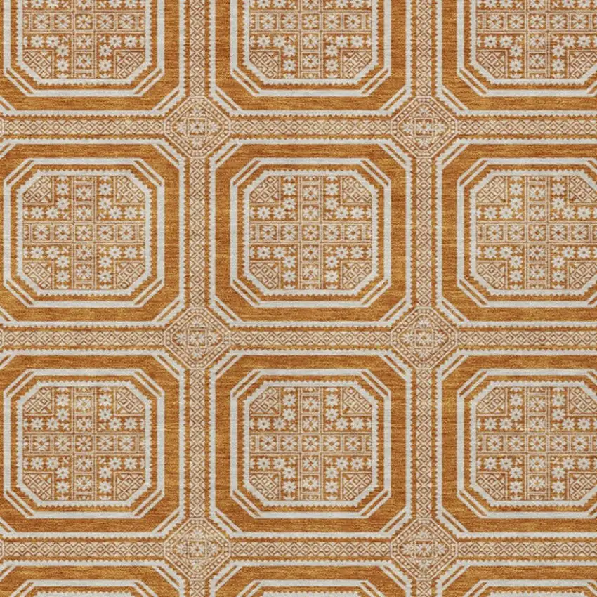 8' Terra Cotta And Ivory Geometric Washable Area Rug With UV Protection Photo 2