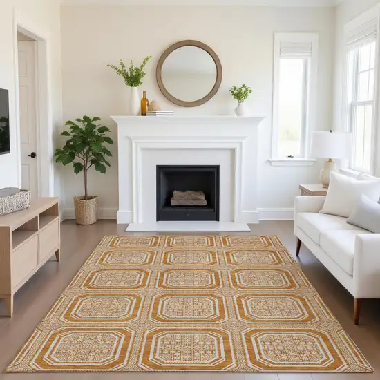 8' Terra Cotta And Ivory Geometric Washable Area Rug With UV Protection Photo 5