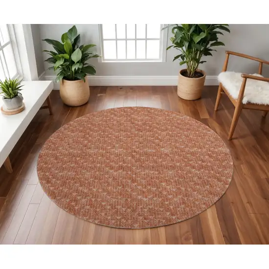 8' Terra Cotta And Ivory Geometric Washable Round Rug With UV Protection Photo 2