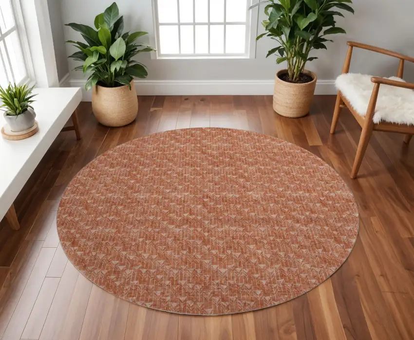 8' Terra Cotta And Ivory Geometric Washable Round Rug With UV Protection Photo 2