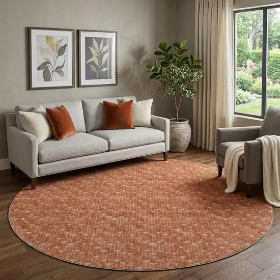 8' Terra Cotta And Ivory Geometric Washable Round Rug With UV Protection Photo 1