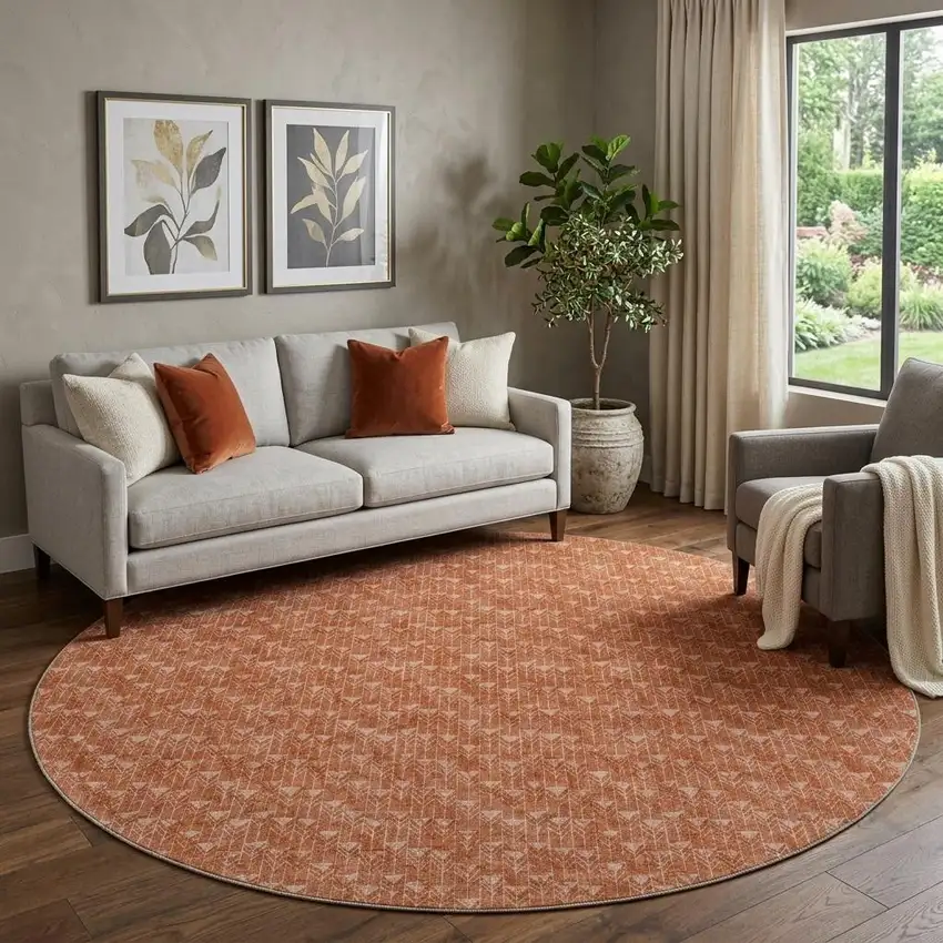 8' Terra Cotta And Ivory Geometric Washable Round Rug With UV Protection Photo 1