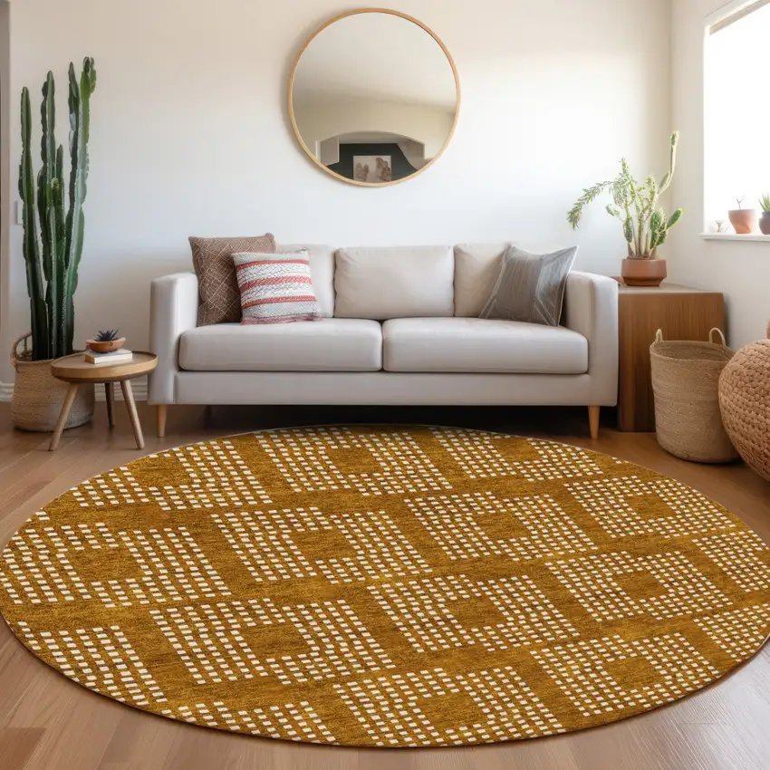 8' Terra Cotta And Ivory Geometric Washable Round Rug With UV Protection Photo 5