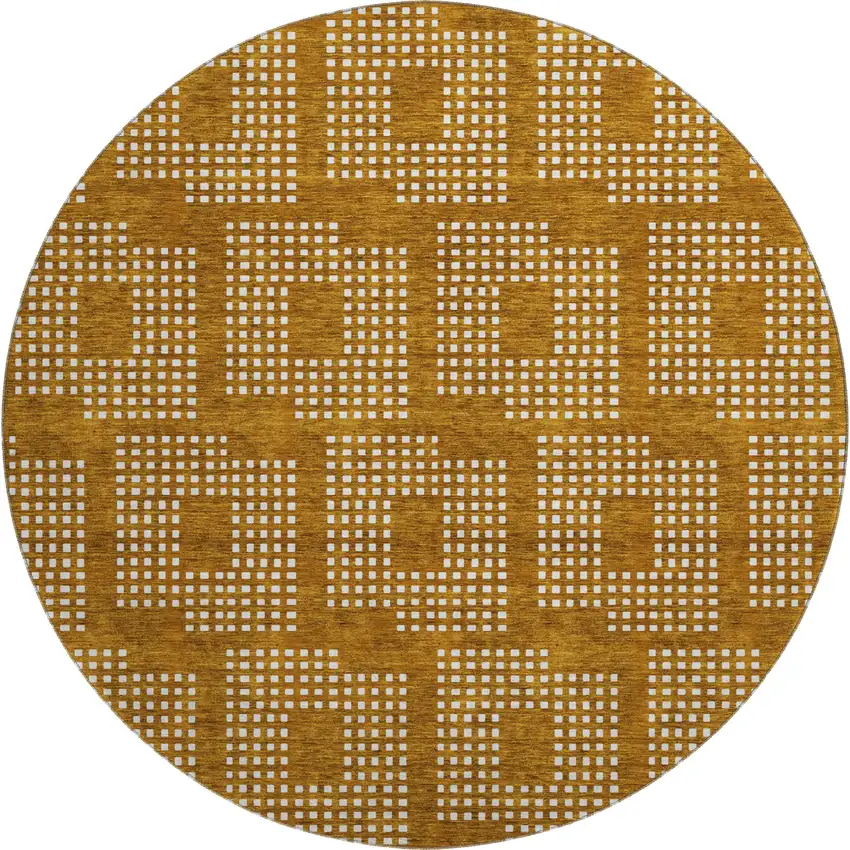 8' Terra Cotta And Ivory Geometric Washable Round Rug With UV Protection Photo 1