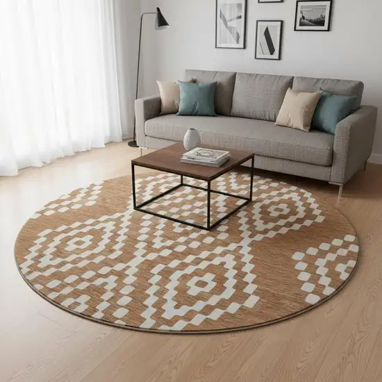 8' Terra Cotta And Ivory Geometric Washable Round Rug With UV Protection Photo 2