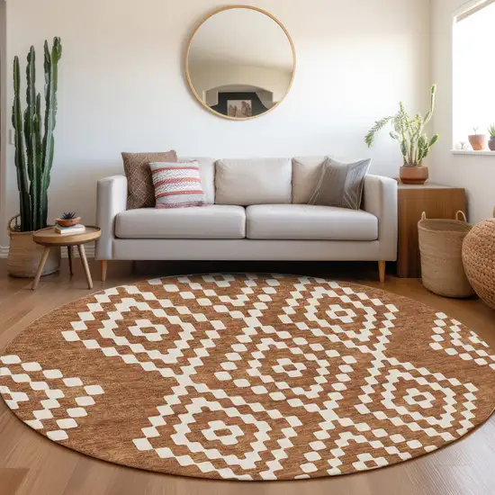 8' Terra Cotta And Ivory Geometric Washable Round Rug With UV Protection Photo 5