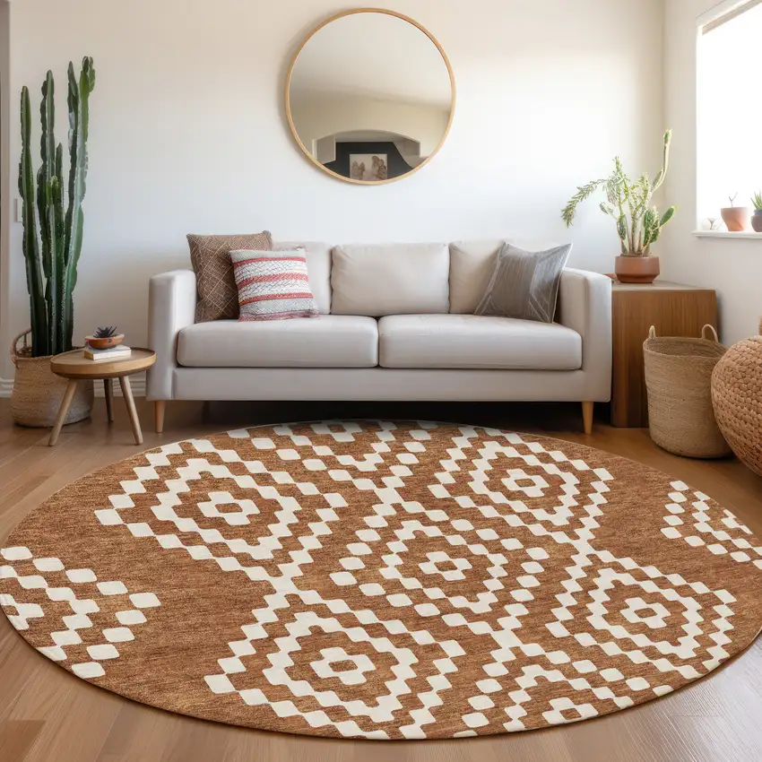 8' Terra Cotta And Ivory Geometric Washable Round Rug With UV Protection Photo 5