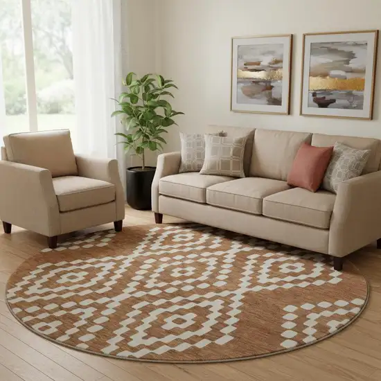 8' Terra Cotta And Ivory Geometric Washable Round Rug With UV Protection Photo 1