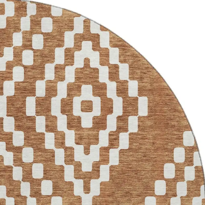 8' Terra Cotta And Ivory Geometric Washable Round Rug With UV Protection Photo 4