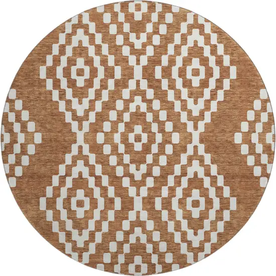 8' Terra Cotta And Ivory Geometric Washable Round Rug With UV Protection Photo 1