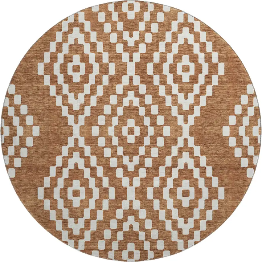 8' Terra Cotta And Ivory Geometric Washable Round Rug With UV Protection Photo 1