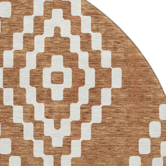 8' Terra Cotta And Ivory Geometric Washable Round Rug With UV Protection Photo 3