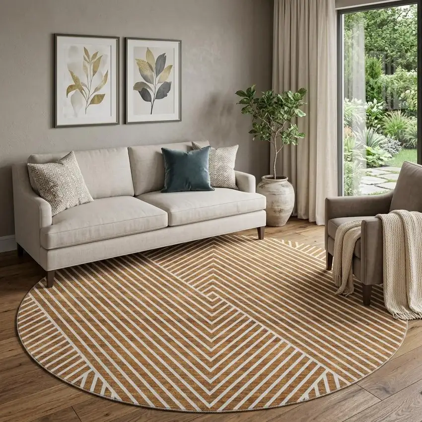 8' Terra Cotta And Ivory Geometric Washable Round Rug With UV Protection Photo 1