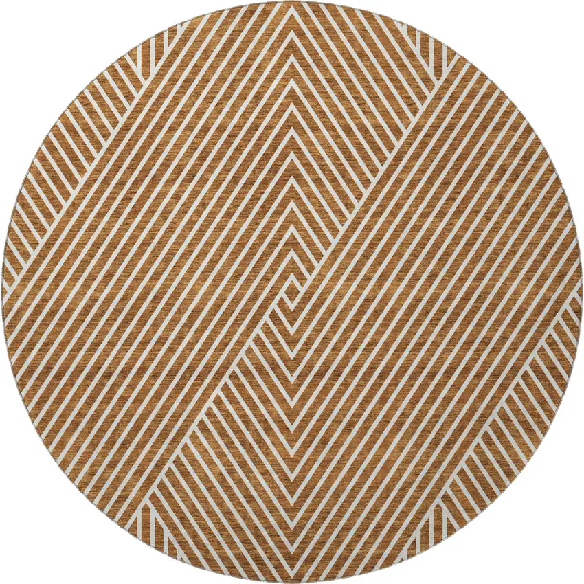 8' Terra Cotta And Ivory Geometric Washable Round Rug With UV Protection Photo 3