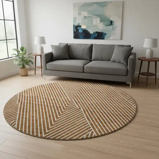 8' Terra Cotta And Ivory Geometric Washable Round Rug With UV Protection Photo 2